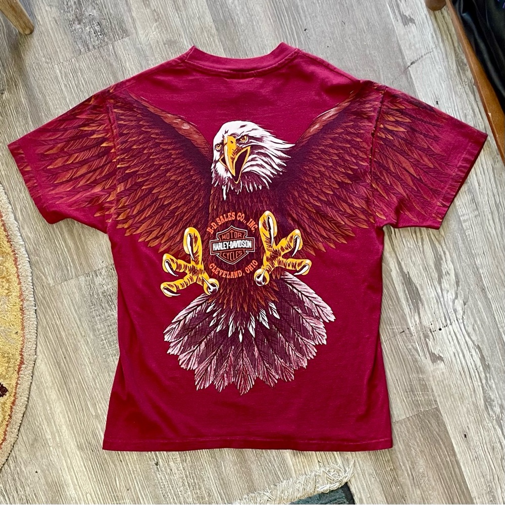 SOLD Vintage Harley Davidson Graphic T-Shirt 1993 Eagle All Over Print Maroon L - Picture 12 of 16